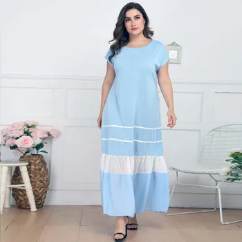 

Casual O-Neck Short Sleeve Ruffle Stitching Long Dress Summer Modern Lady Elegant Dresses Loose Women Beach Maxi Dress Plus size