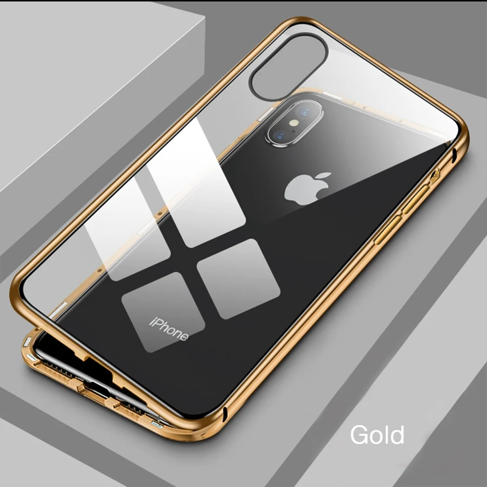 Магнитный адсорбционный металлический чехол для телефона iPhone XS Max XR X 360 двухсторонний стеклянный Магнитный чехол для iPhone 8 7 6 6S Plus Funda - Цвет: Gold