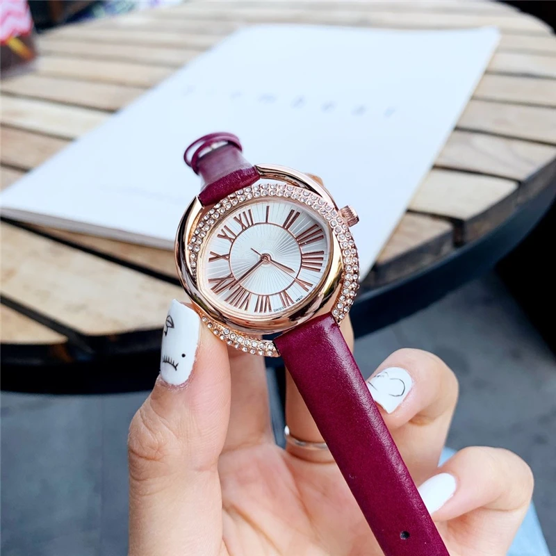 

brand S quartz watch stainless steel dramatic gems dial genuine leather waterproof wrist watch for women