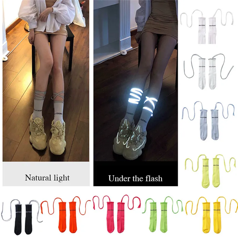 Женские носки с флуоресцентными ремешками, модные носки для ночного клуба, светоотражающие носки со средней трубкой, светящиеся бандажные носки, calcetines mujer J20