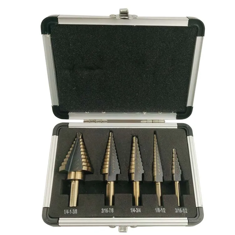 

5pcs INCH Cobalt Multiple Hole Step Drills 3/16-1/2'',1/8-1/2'',1/4-3/4'',3/16-7/8'',1/4-1-3/8'' HSS Aluminum Case