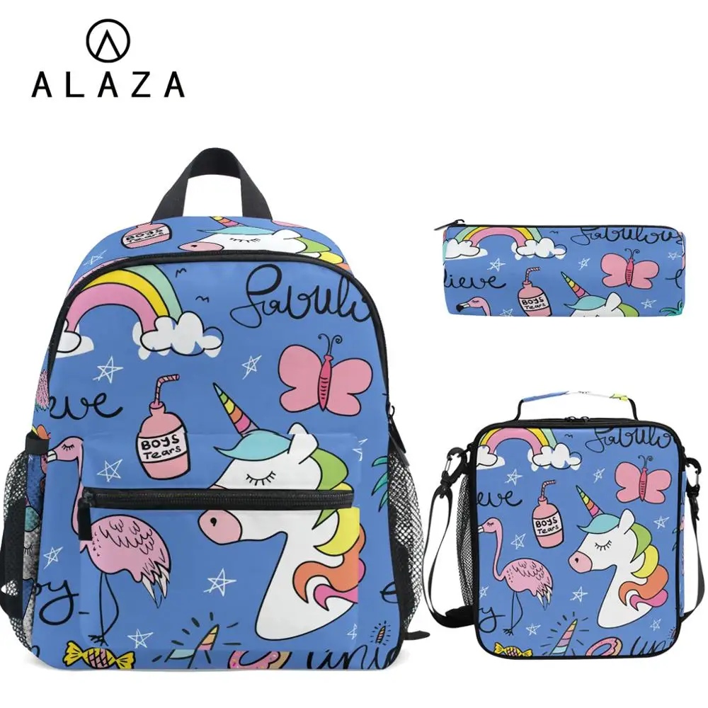 

ALAZA 3pcs bag set girl school bags kids Backpack blue cute unicorn printing Schoolbag Kindergarten Preschool Book Bags Satchel