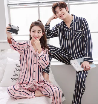 

New Men And Women Pajama Set Satin Silk Pyjamas Women Home Sleepwear suit Long Sleeves Cardigan Satin Couples Pajamas Set Pijama