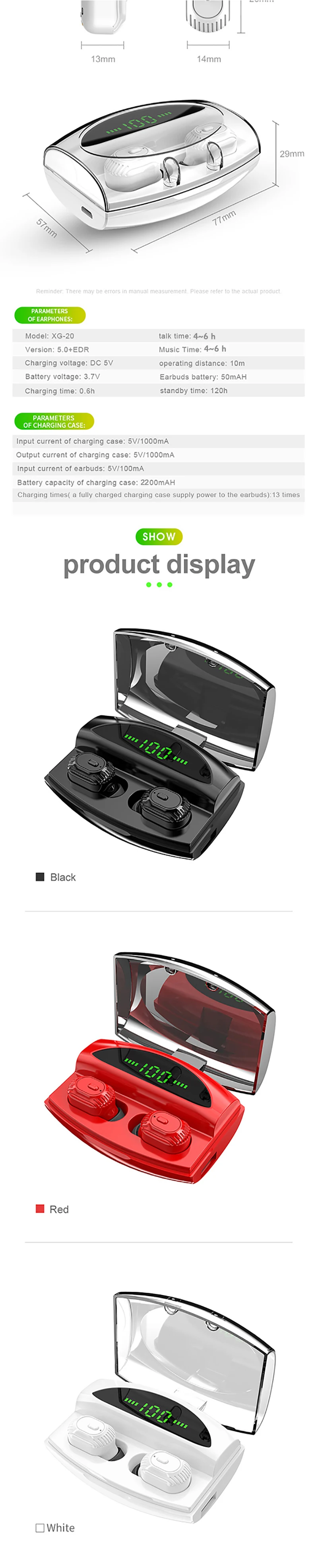 XG20 2200 мАч TWS беспроводные наушники Bluetooth с дисплеем питания мини спортивные 8D стерео беспроводные наушники гарнитура зарядка