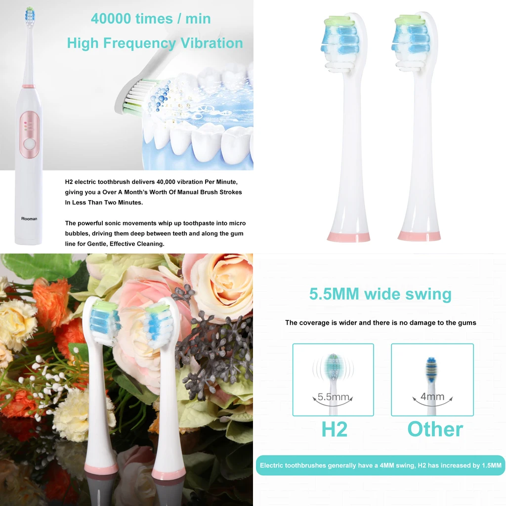2pcs   Electric   Toothbrush   Replacement   Brush   Heads   Compatible   With   Rooman