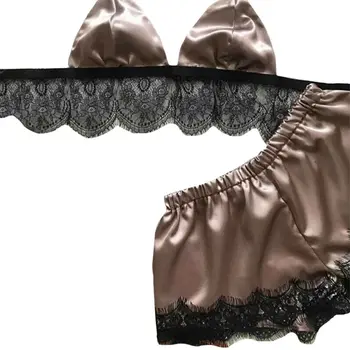 

Womens Erotic Faux Silk Bralette Top Panty Set Scalloped Eyelash Lace Trim Lingerie Solid Color Champagne Sexy Pajama Nightwear