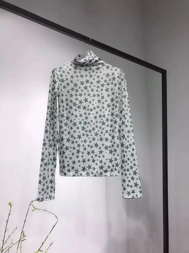 green as pic Осень новая футболка с длинным рукавом и принтом звезды с высоким воротником-Женская стильная модная футболка с принтом звезды - Цвет: green as pic