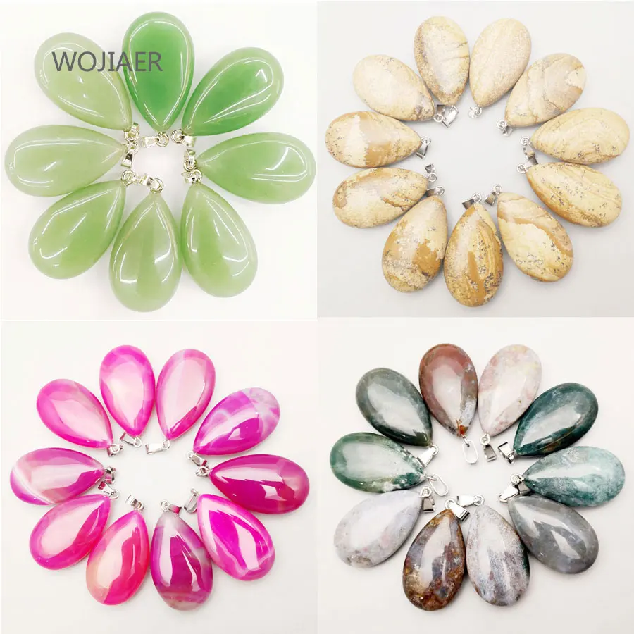 

WOJIAER Natural Gem Stone Water Drop Pendant Tangling Jades Stone Energy Handmade Necklace DIY Jewelry Free 10pcs/lot ZBM012