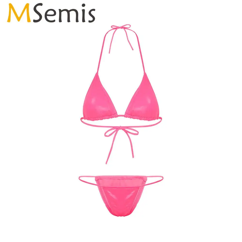 MSemis Women Wet Look Bikini Swimsuit Swimwear Bathing Suit Halter Neck Padded Triangle Bra Top with High Waist Briefs Bottoms |