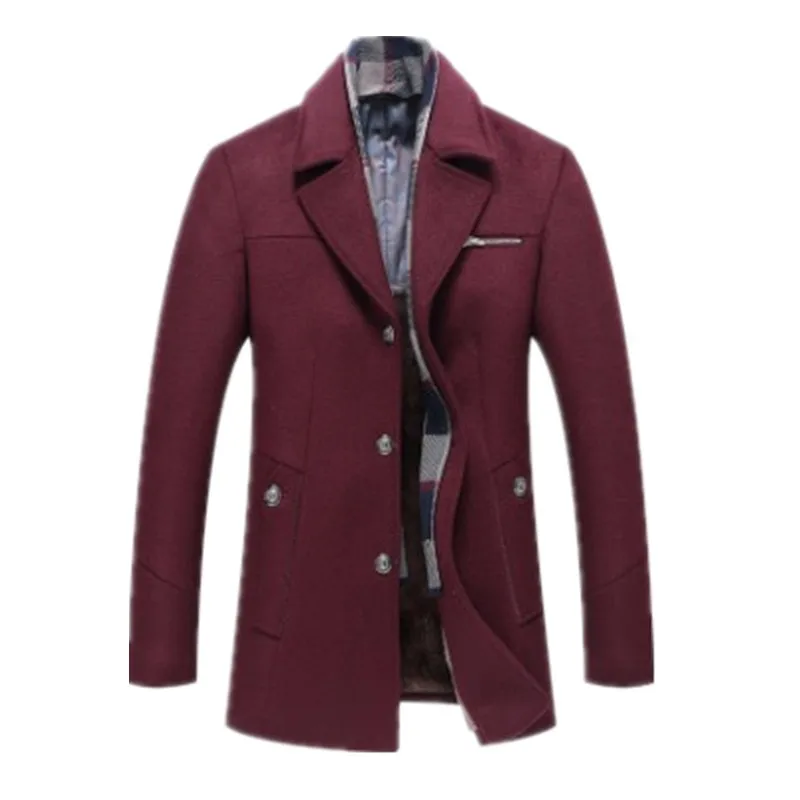 4 Smart casual осень зима средней длины шарф воротник мужские шерстяные пальто с длинным рукавом однобортный флисовая подкладка толстые пальто - Цвет: 4