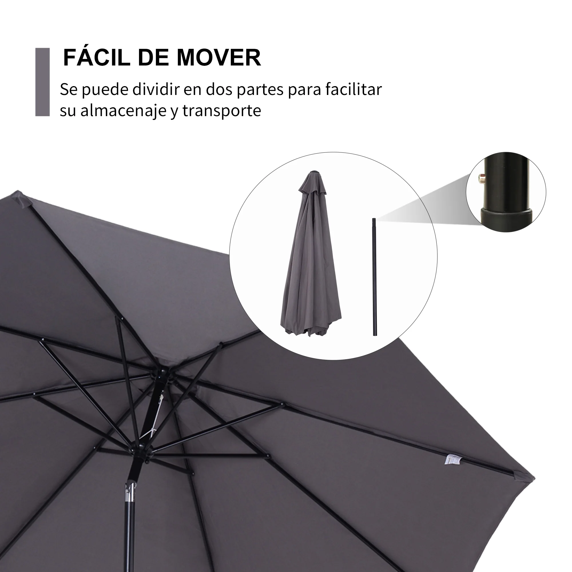 Grande guarda-chuva destacável do jardim, ângulo ajustável e manivela, abertura fácil, exterior, cinza, 300x245cm