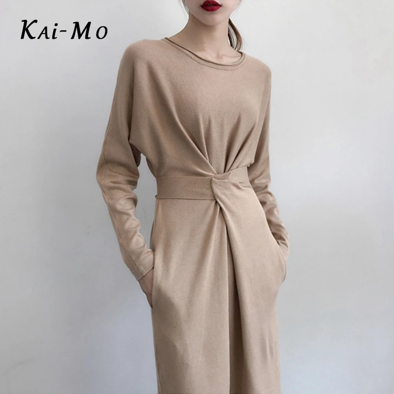 KAI MO зимнее женское трикотажное платье с длинным рукавом раздельное вязанное