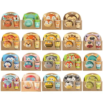 

5Pcs/Set Cartoon Animal Plate+Bow+Fork+Cup Baby Dinnerware Feeding Set Bamboo Fiber Baby Lovely Children Container Tableware Set