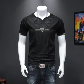

2020 New Men T Shirt Fashions Summer Black Jacquard Small V-neck Mercerized Cotton Young Man Short Sleeve Tshirt