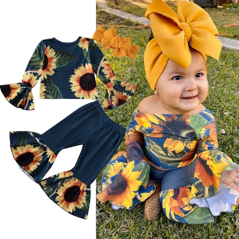 

Spring Autumn Kids Baby Girl Clothes Sunflower T-shirt Flared Pants Headband Outfit Set Toddler Backless Suit
