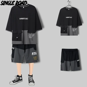 

SingleRoad Men's Tracksuit Men Clothing 2020 Patchwork Pockets Streetwear T-shirt Shorts Sportswear Hip Hop 2 Pieces Set Male