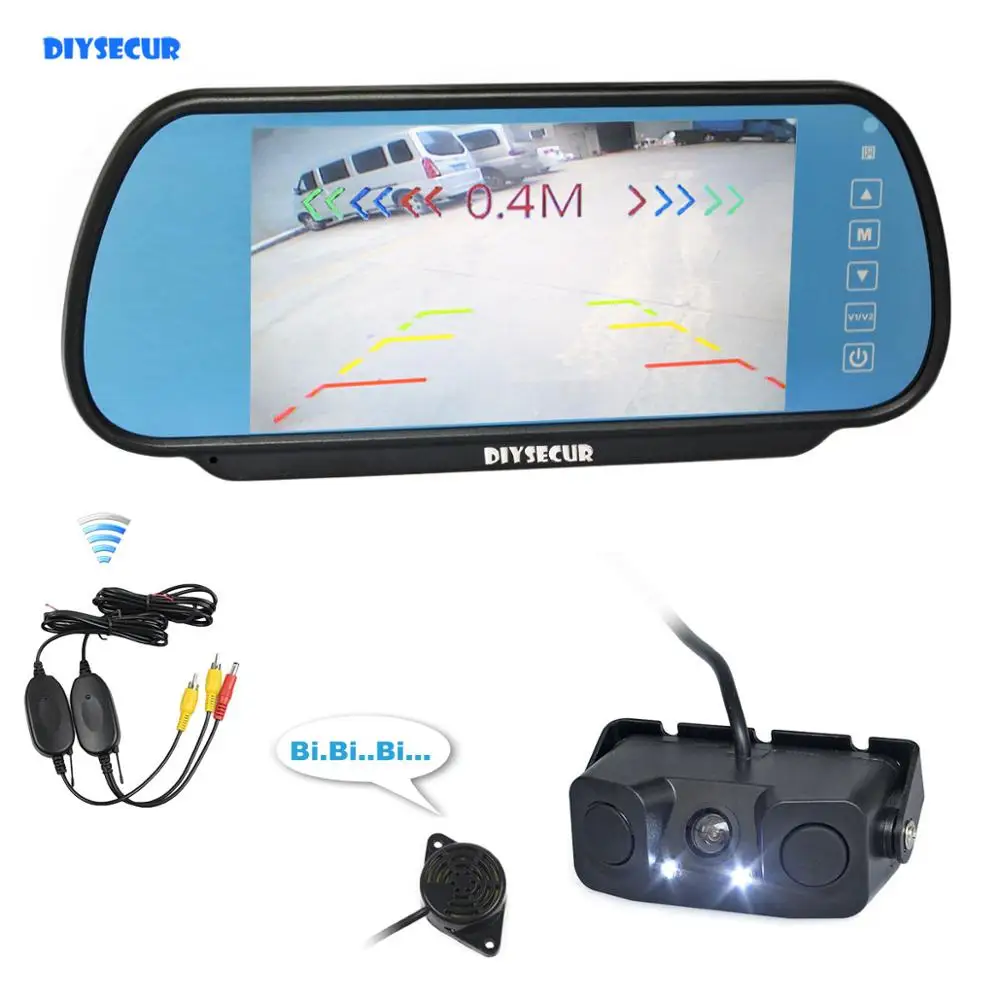 

DIYSECUR Wireless Parking System Waterproof Parking Radar Sensor Rear View Car Camera With 7 inch Car Rear View Mirror Monitor