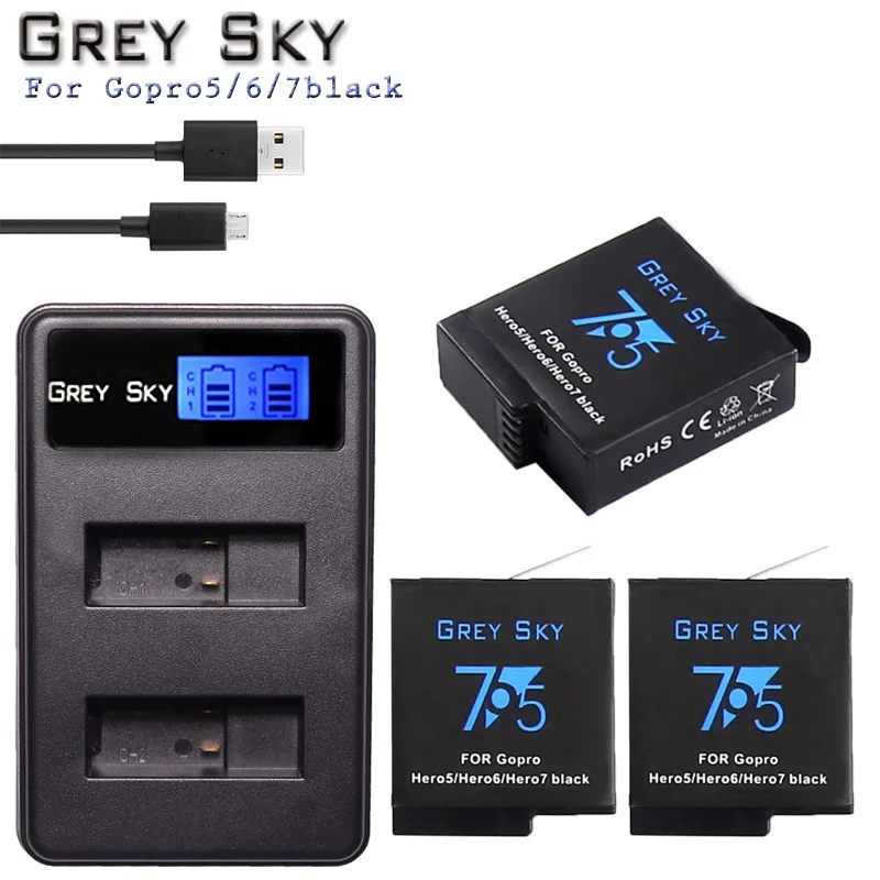Charger and 3battery Аккумулятор gopro7, 2x1600 мА/ч, аккумулятор hero 7, 6, 5+ ЖК-дисплей, двойное зарядное устройство hero 5, hero 6, Черная Камера Akku для gopro hero 5, аккумулятор - Цвет: Charger and 3battery