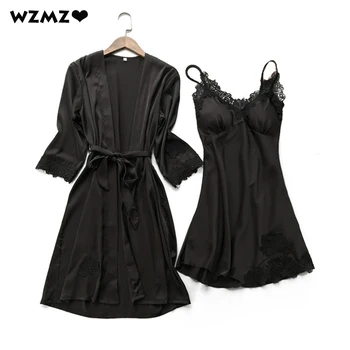 

Comfy Faux Silk Pajamas Set Sexy Women's Pajamas Lace V Neck Strap Nightdress Robe Sets Spring Summer Home Clothes for Women
