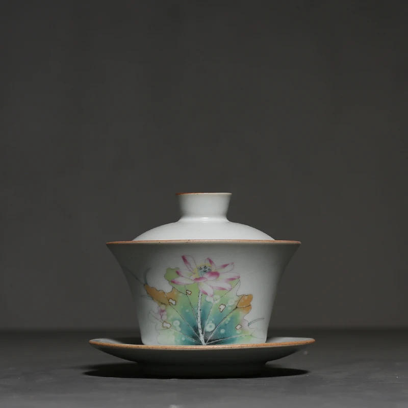 PINNY 140ML Antique Your Kiln Ceramic Kung Fu Gaiwan Traditional Chinese Pigmented Tea Bowl Floral Patterns Tea Tureen