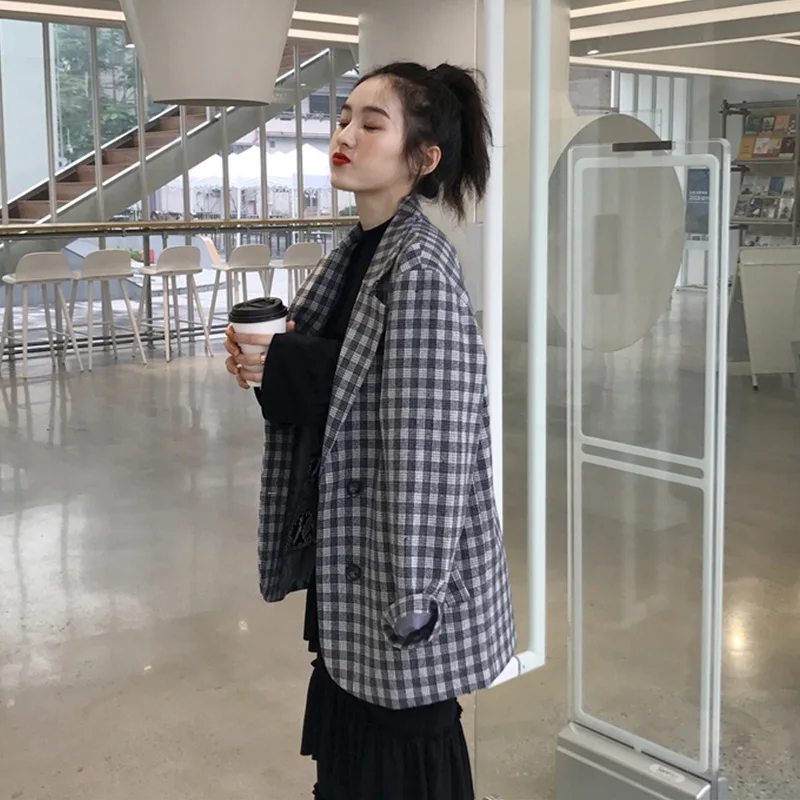 

Autumn Clothing Korean-style 2019 New Style BF Style Loose-Fit Mid-length Elegant Fold-down Collar Plaid Long Sleeve Suit Jacket