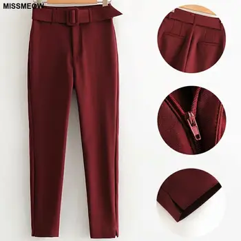 

MISSMEOW Spring 2020 Office Lady Harem Pants Women With Belt High Waist Fashion Pants Solid Pockets Split Long Trousers Women