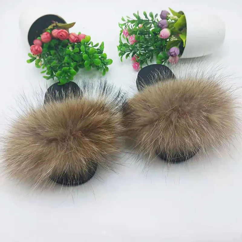 raccoon fur Детские тапочки из натурального Лисьего меха; детские сандалии с мехом для девочек; милые меховые шлепанцы; детские пушистые вьетнамки из меха енота для мальчиков; Шлепанцы из лисьего меха - Цвет: raccoon fur