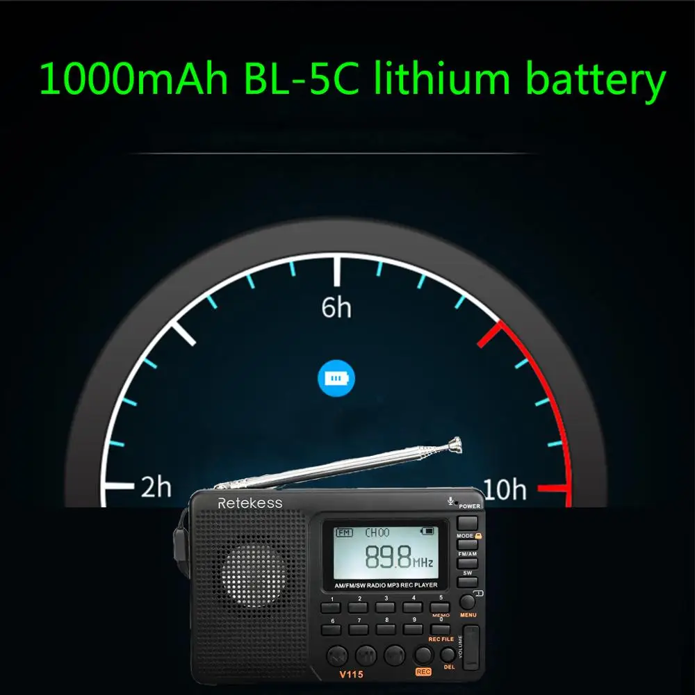 RETEKESS V115 радио FM AM SW портативный Радио Карманный с USB MP3 цифровой рекордер поддержка Micro SD TF карты таймер сна подарок