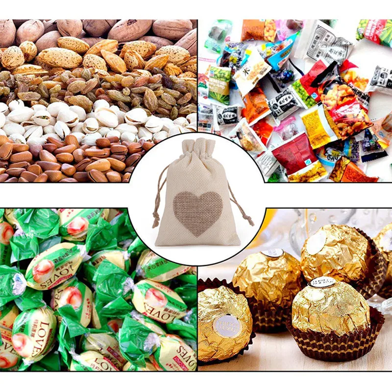 10pcs Fashion Drawstring Burlap Bags Heart Printed Cotton Drawstring Small Sack-pure Each Ten Christmas Gift Bags 10*14cm
