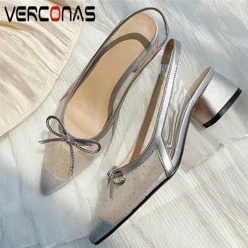 

VERCONAS Women Butterfly Knot Thick Heel New Arrival Fashion Shallow Wild Sandals Pointed Toe Thick Heels Elegant Shoes Woman