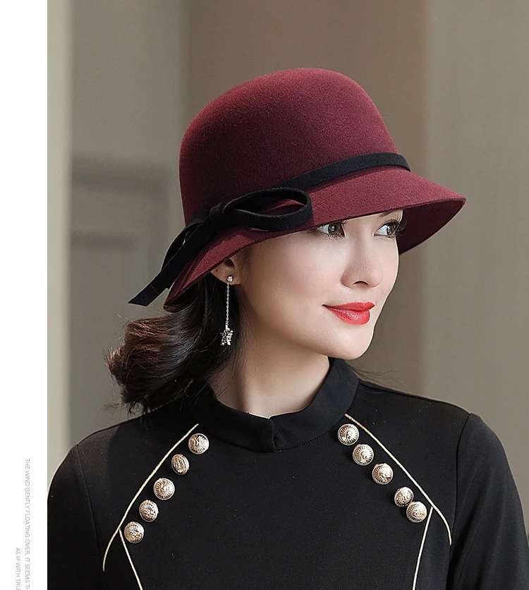 FS элегантная шерстяная фетровая шляпа Боулер Дерби фетровая шляпа для женщин формальный бант Клош шляпа винтажные черные красные вечерние свадебные шляпы для похода в церковь