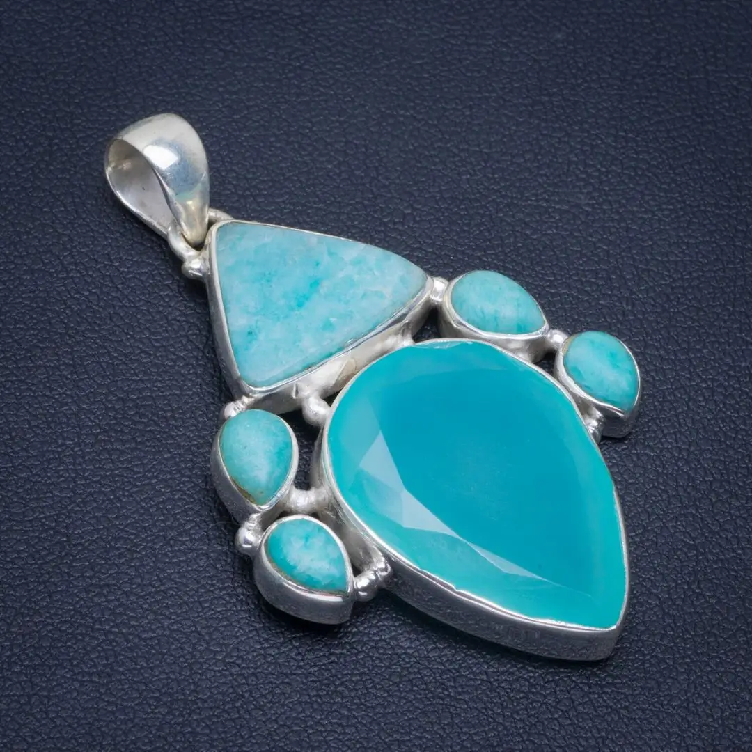 

Natural Chalcedony And Amazonite Handmade Unique 925 Sterling Silver Pendant 2" B3101