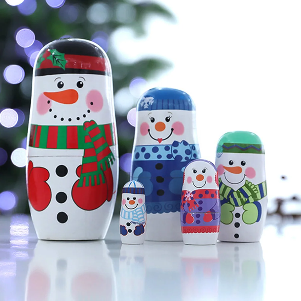 Snowman 5 шт. игрушка Матрешка гладкая домашняя ручная роспись милые рождественские деревянные декорации портативные вечерние подарки для детей фестиваль матрешки - Цвет: Snowman