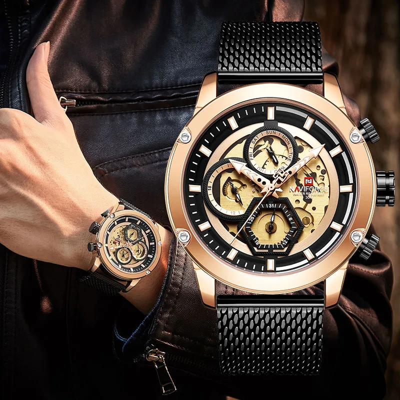 

NAVIFORCE Rose Gold Men Watches Design Creative 24 Hours Day Date Men's Watch 2019 Brand Luxury Full Steel Mens Watch Military