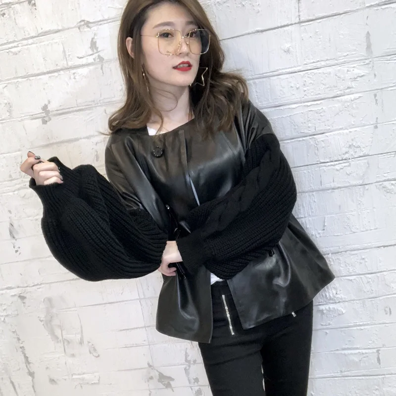 

2020 New Arrival Genuine Leather Jacket Women Black Knitted Sleeve Plus Size Real Leather Coat Sheepskin Leather Jacket