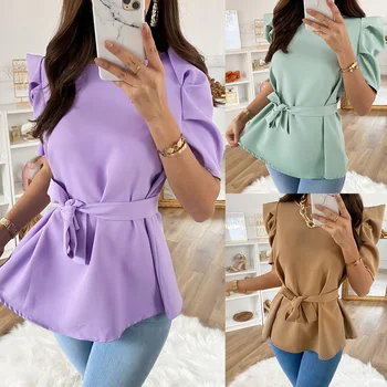 

Casual Summer Woman T-shirt O-Neck Short Sleeve Chiffon T-Shirts 2020 Fashion Loose Female Streetwear Ladies Solid Purple Tops