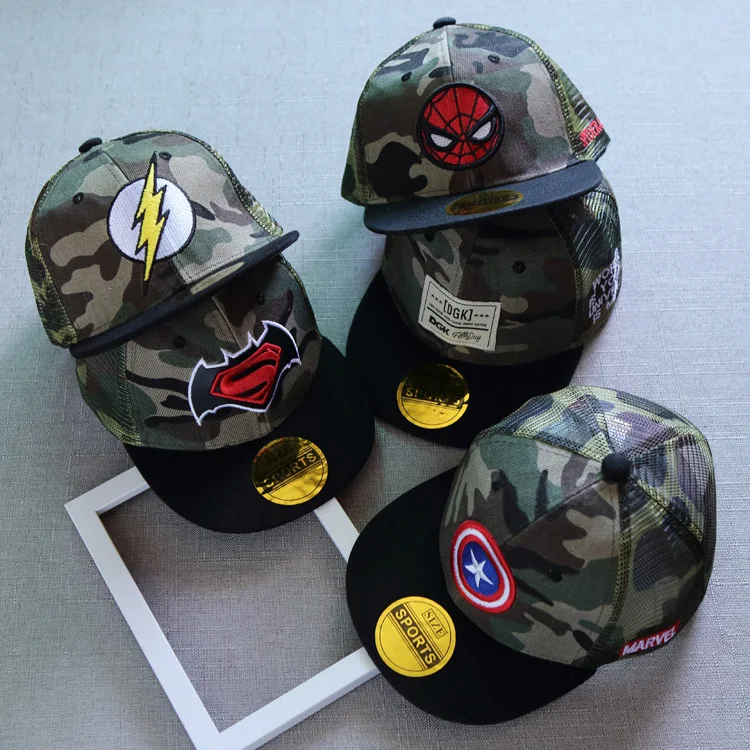 

SQTEIO Children's Camouflage Summer Mesh Cap Cartoon Captain America Superman Spiderman Flat along Hip Hop Hat Baseball Cap