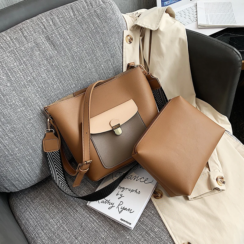 

2 Set Composite Bags Vintage Soft Bucket Women Shoulder Bags Large Capacity Grained Female High Quality Ladies Messenger Bags
