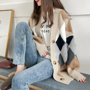 

Sweaters Loose Plaid 2019 Women's Autumn Casual Winter Fashionable Cardigans Puff Sleeve V-Neck Single Breasted