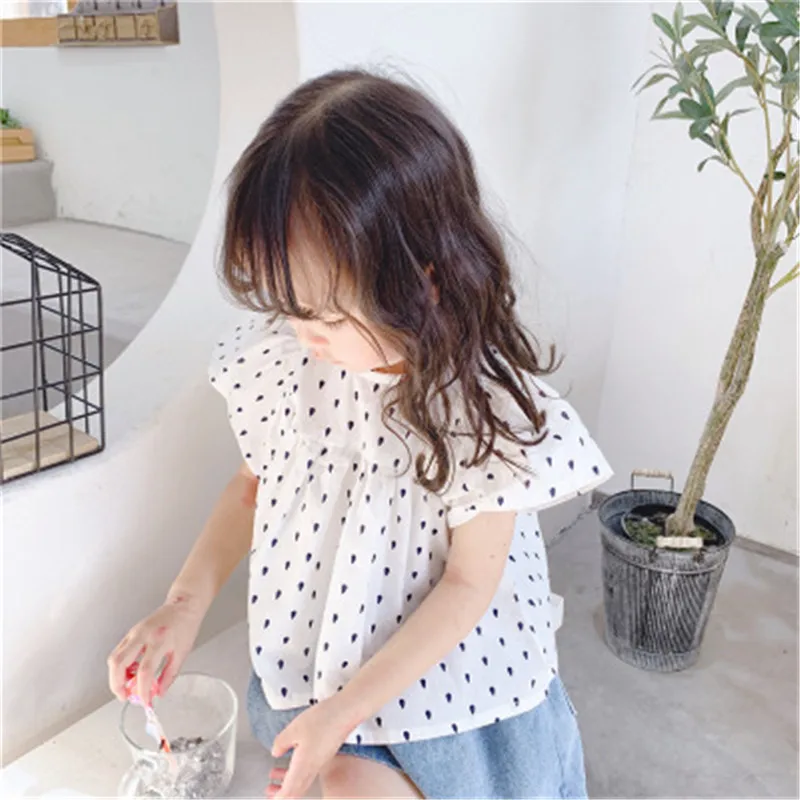 new girls shirt pring kids basic shirt short sleeve polka dot mesh lace blouse fashion girls tops 1-10y A3852