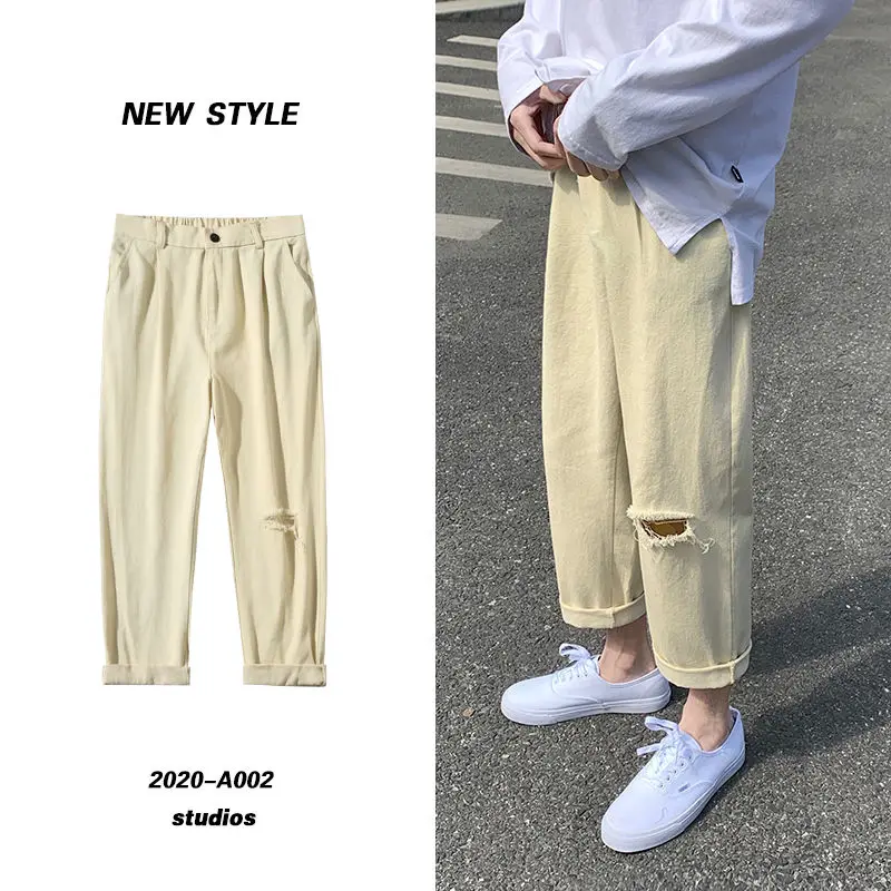 

Spring Summer Ripped Straight Pants Men's Fashion Solid Color Hole Casual Pants Men Streetwear Hip-hop Loose Trousers Mens M-5XL