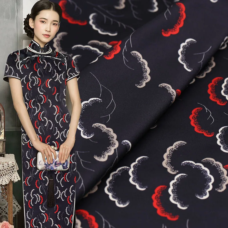 

2019 Lucky Cloud Print Natural Silk Fabric Satin Dress Material Telas Tissus Au Metre Elastic Mulberry Silk
