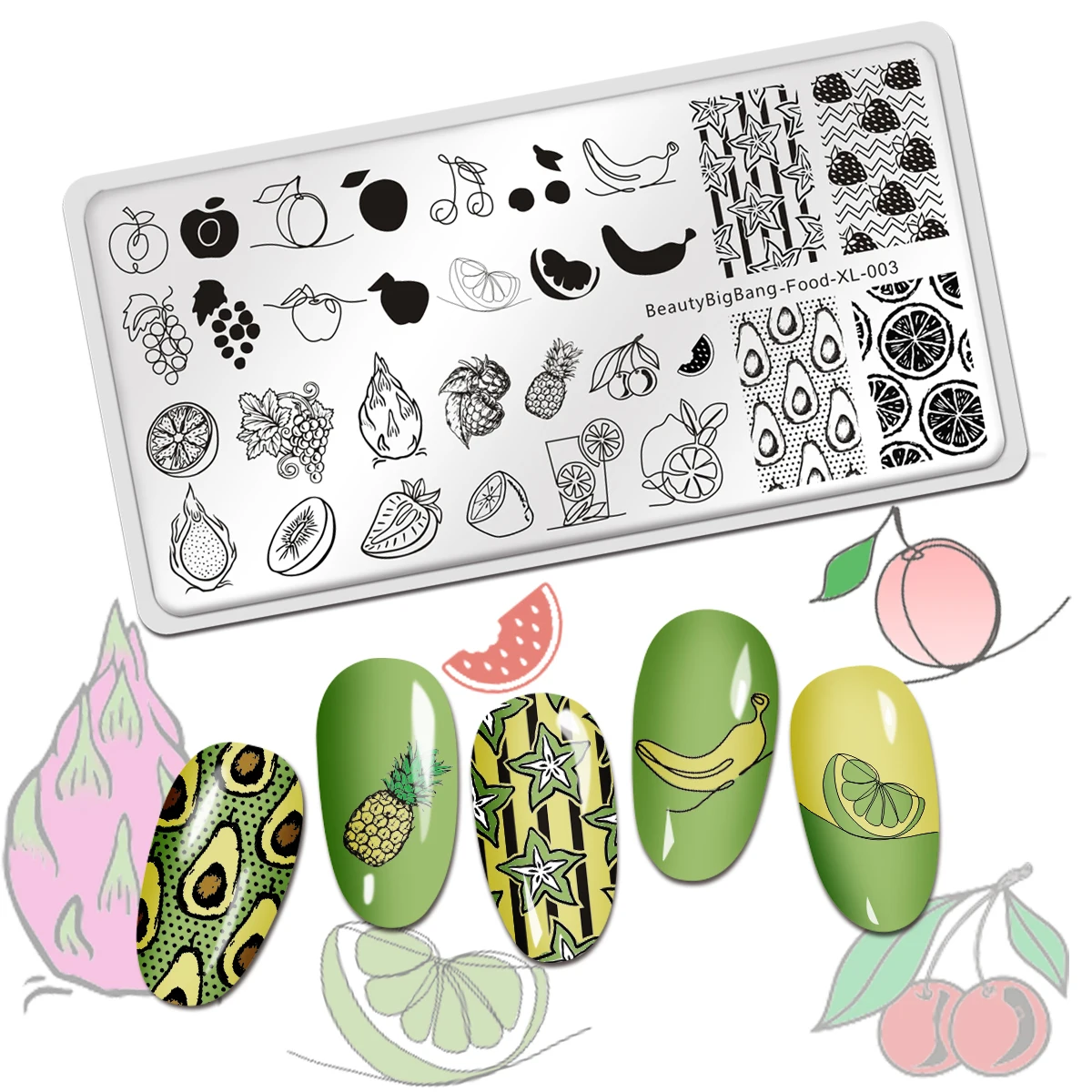 

Beautybigbang Nail Stamping Plate Food 003 Fruit Avocado Banana Strawberry Pattern Nail Art Image Template Manicure Stencil Tool