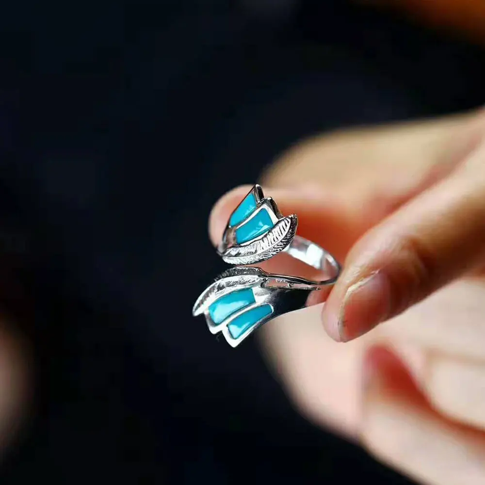 

RADHORSE 925 Silver Rings for Women Fine Jewelry Turquoise abstract wing Modeling Sterling Silver Adjustable Ring