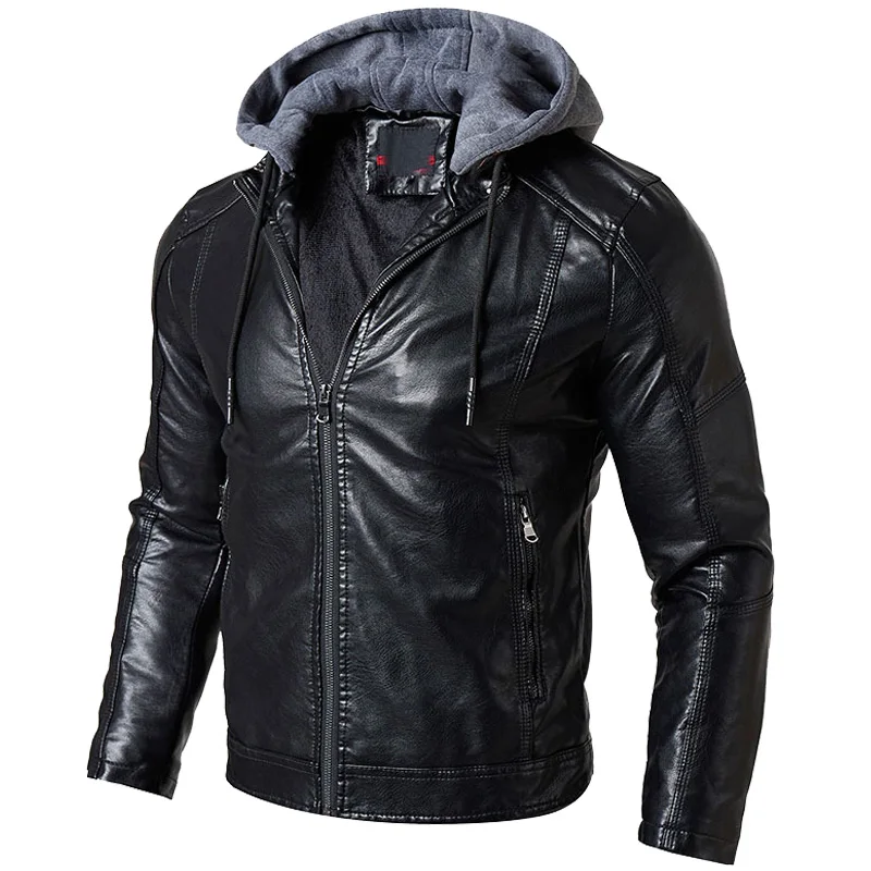 Faux Lederen Jas Mannen Winter Dikke Fleece Hoed Afneembare PU Leather Jacket Mannen Biker Jas Motorfiets Uitloper Jassen M-2XL