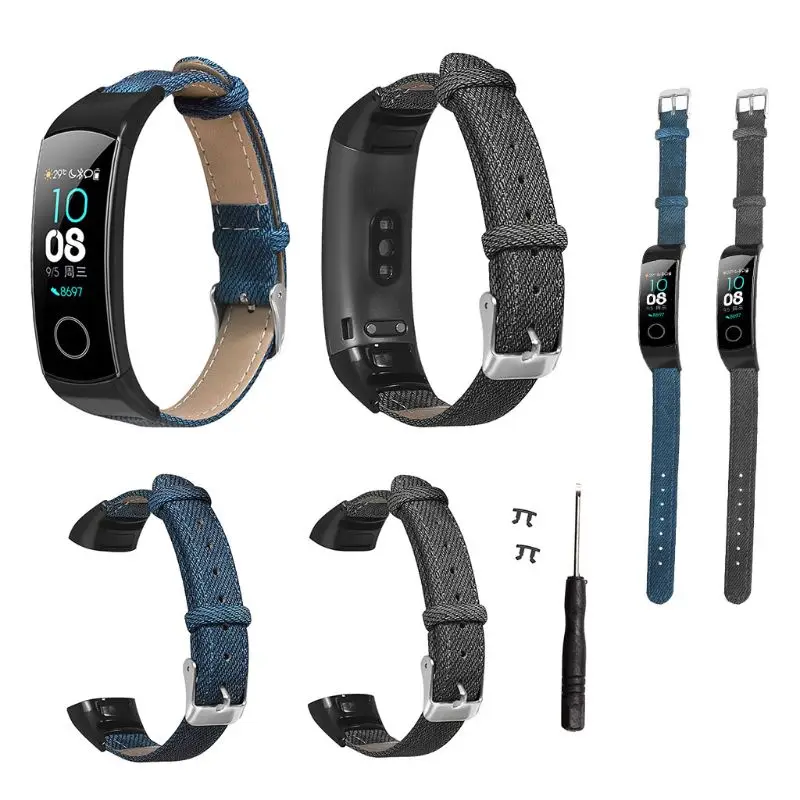 

2 Colors Denim Pattern Genuine Leather Watchband Wrist Strap Replacement for Huawei Honor Band 5/4 Bracelet Accessories