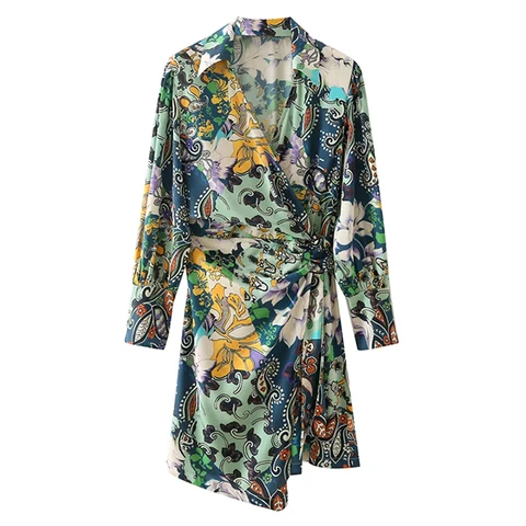 Floral Printed Mini Dresses Turn Down Collar Long Sleeve A Line Dresses Female Casual Irregular Hem Dress