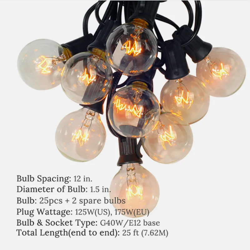 25Ft G40 Globe Bulb String Lights With 25 Clear Ball Vintage Bulbs Indoor/Outdoor Hanging Umbrella Patio Lighting EU/US | Освещение