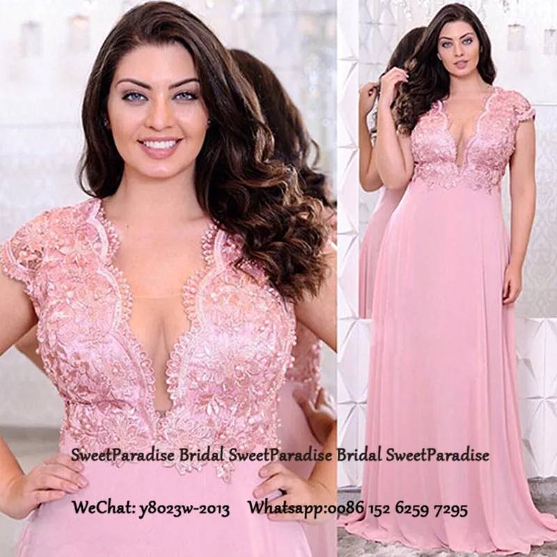 Kelderen Hals Avondjurk Met Kapmouwtjes Plus Size Vrouwen Roze Kant Top en Chiffon Rok Lange Formele Prom Jurken Kelderen Hals Avondjurk Met Kapmouwtjes Plus Size Vrouwen Roze Kant Top en Chiffon Rok Lange Formele Prom Jurken