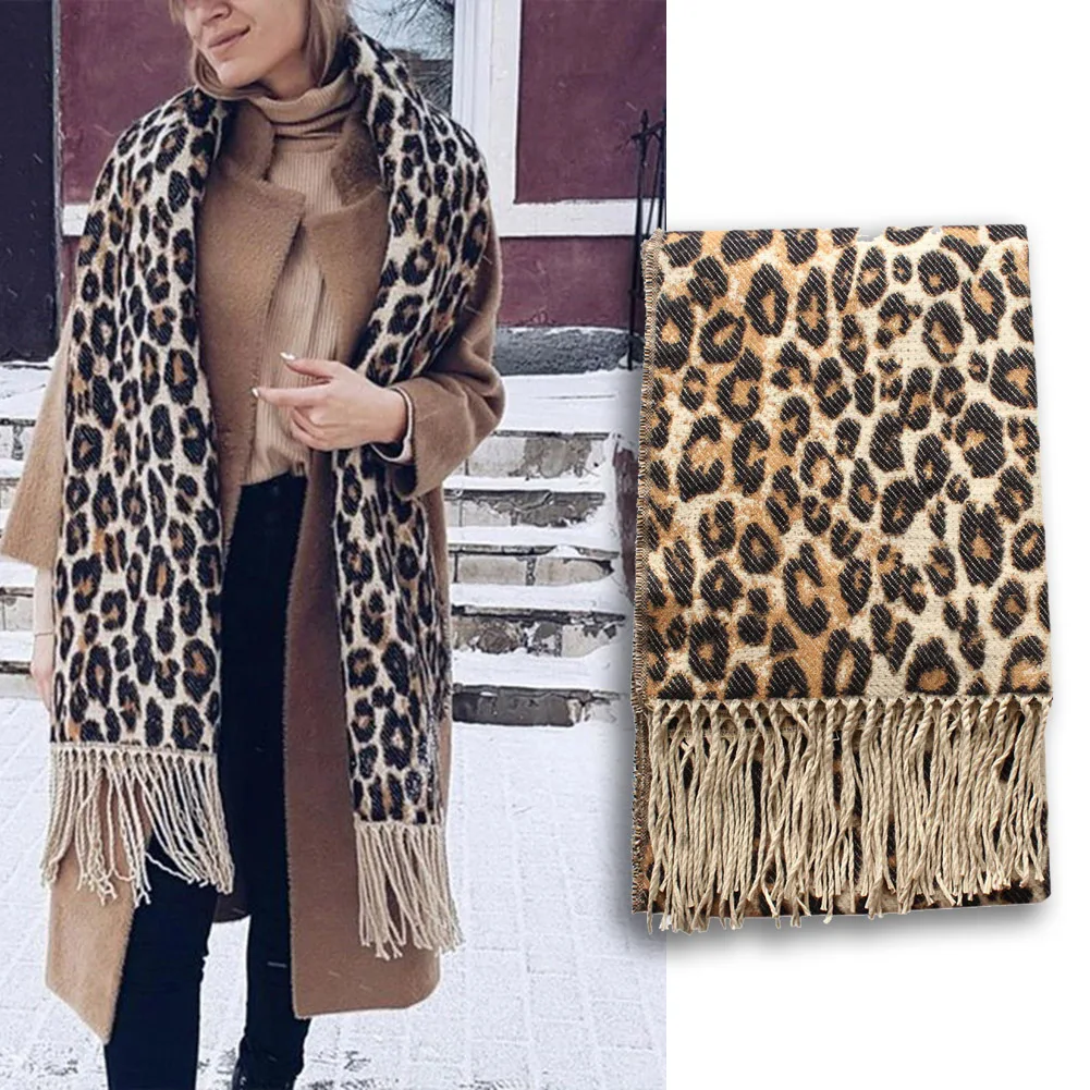 Bohisen winter accessories Woman's Fashion Leopard Print knitting Scarf Soft Warm Large Size with Tassel Ornaments Scarf Shawl